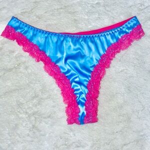 Satin Lace Trim Thong - Blue and Pink
